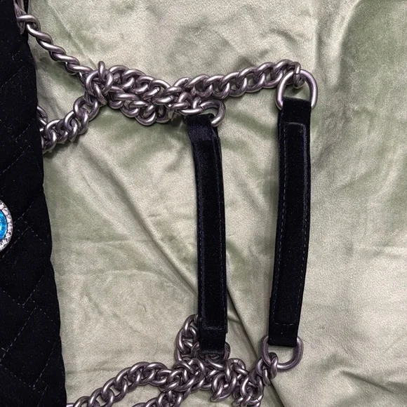 Black Quilted Handbag with Multicolor Gem Accents - Picture 2 of 12